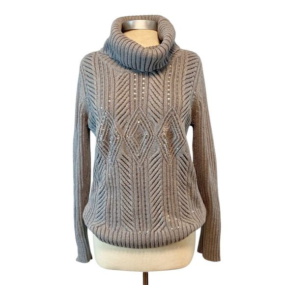 Talbots Fisherman Sweater Women's XL Gray Turtleneck Chunky Cable Knit Sequin - Picture 1 of 6
